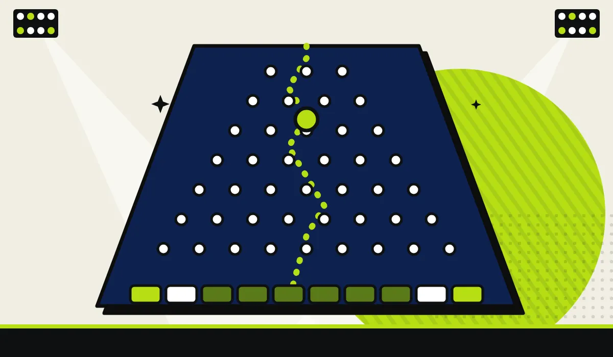 Ilustración de un tablero de clavijas con la trayectoria de una bola